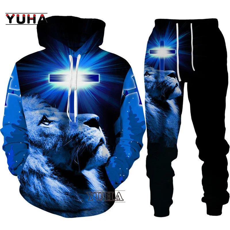 Two Piece Set Christian Bible Faith Jesus God Men's Hoodie/Suit Cool 3D Lion Printed Streetwear Couple Clothes Jogging Tracksuit