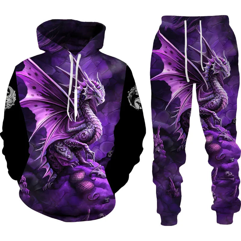 Popular Dragon 3D Printed Men's Sweatshirt Hoodies Set Animal Tracksuit Pullover Jacket Pants Sportswear Autumn jogging Set﻿﻿