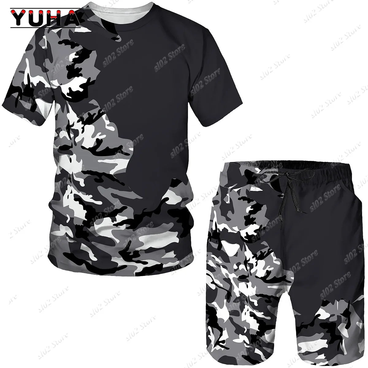 YUHA Summer Camouflage Tees/Shorts/Suits Men's T Shirt Shorts Tracksuit Sport Style Outdoor Camping Hunting Casual Mens Clo
