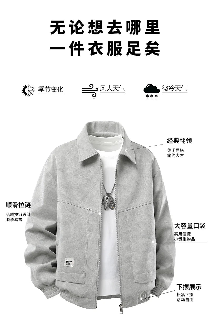 Plus Size 9XL Men Suede Jacket Zipper Oversize Coat Male Motorcycle Big Large 8XL Grey Loose Trend Korean Casual Fashion