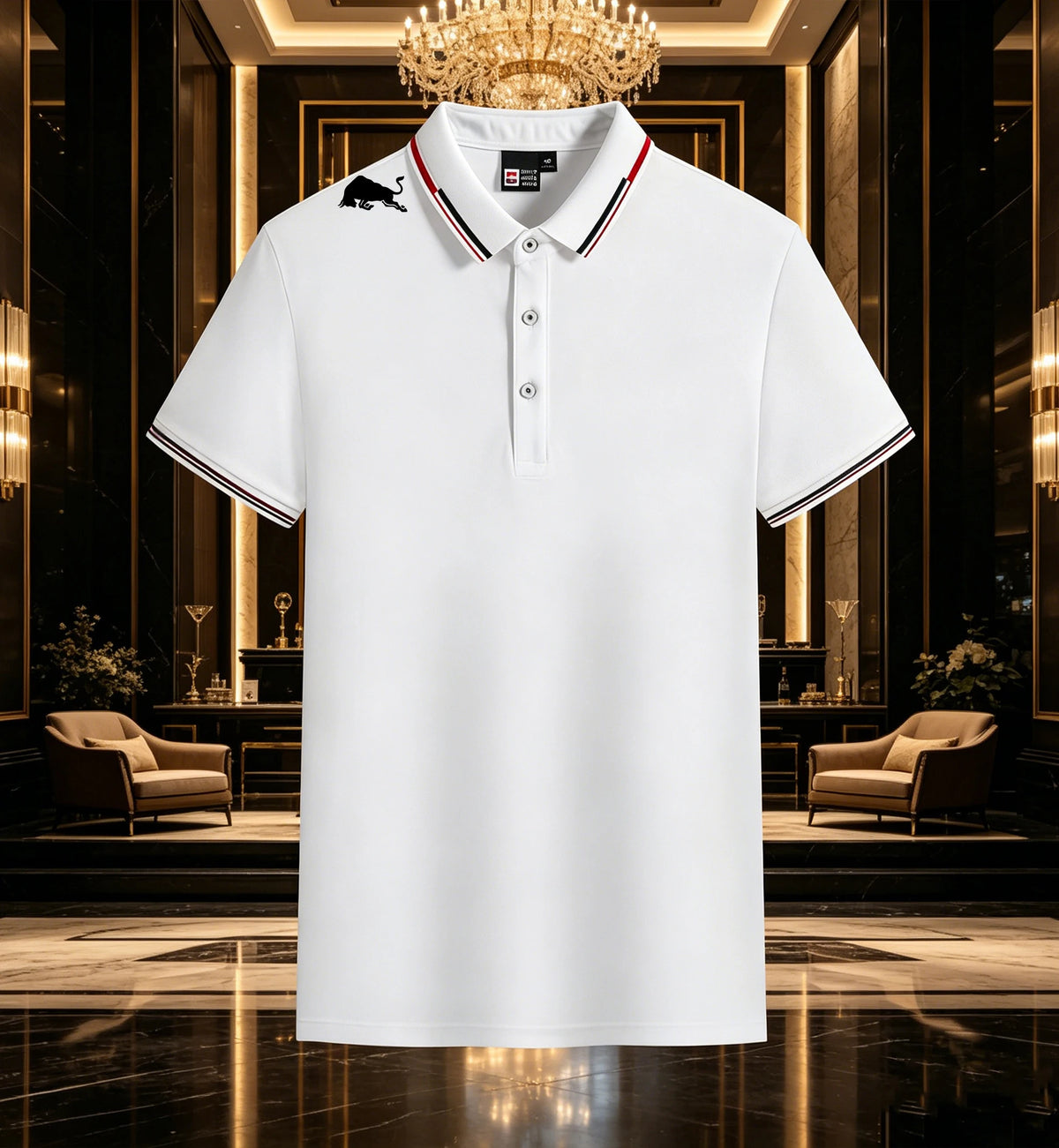 Men Black Polo Shirts Red White Striped Collar Cuff With Shoulder Bull Print Breathable Golf Tops