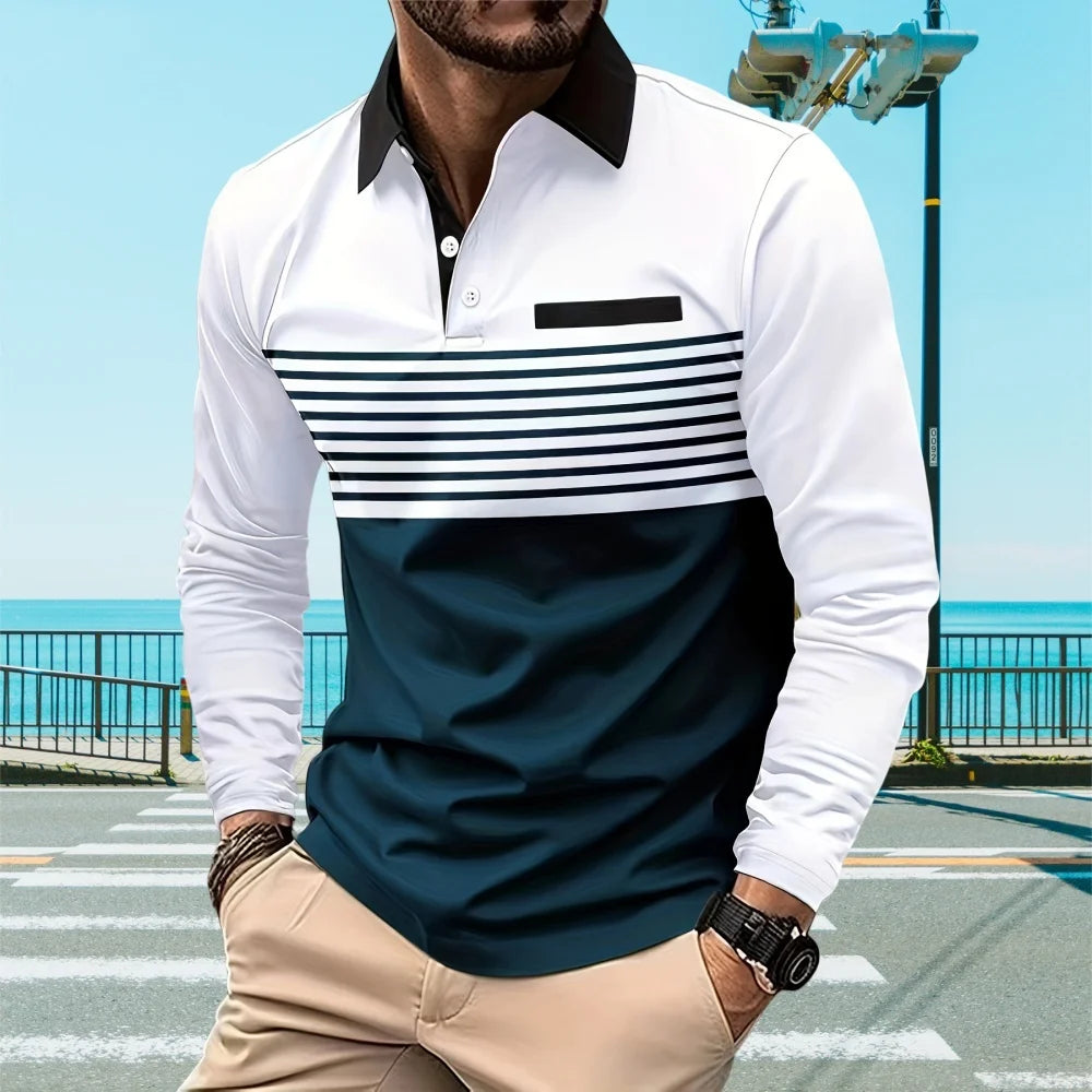 Mens Polo Shirts 3D Stripe Colorblock Print Fashion Sports Lapel Golf T-Shirt Men Tops Casual Long Sleeve T-Shirt Man Clothes