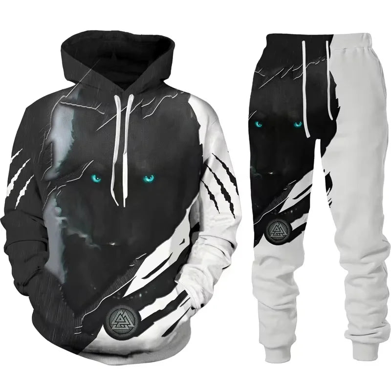 Spring Men's Hooded 3D Animal War Wolf Printed  Sweater Set Male Sportswear Tracksuit Long Sleeve Men Clothing Suit
