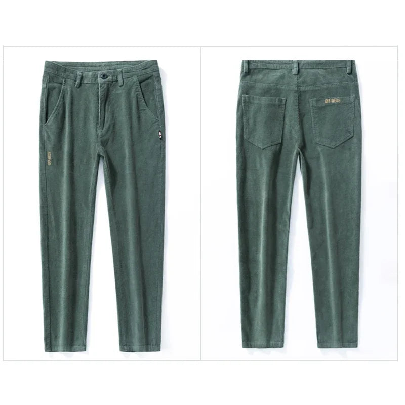 Men's Solid Straight Leg Corduroy Fabric Casual Pants Male Army-green Coffee Office Pants Stylish Youth Autumn Winter Trousers