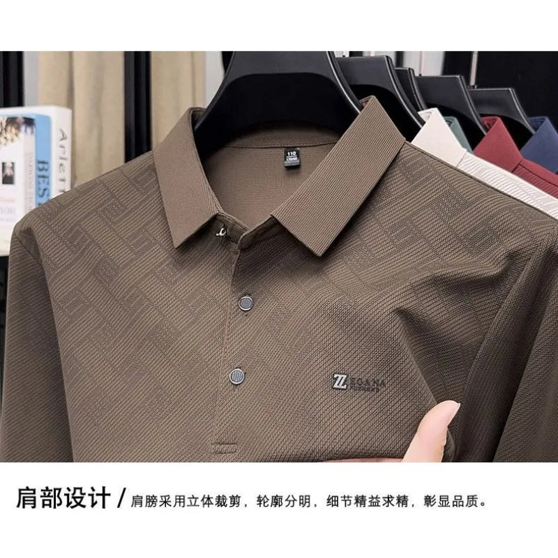 Men's Lapel Long Sleeve Polo Shirt Subtle Jacquard Print Casual Versatile Top for Middle Aged Dad Spring Autumn