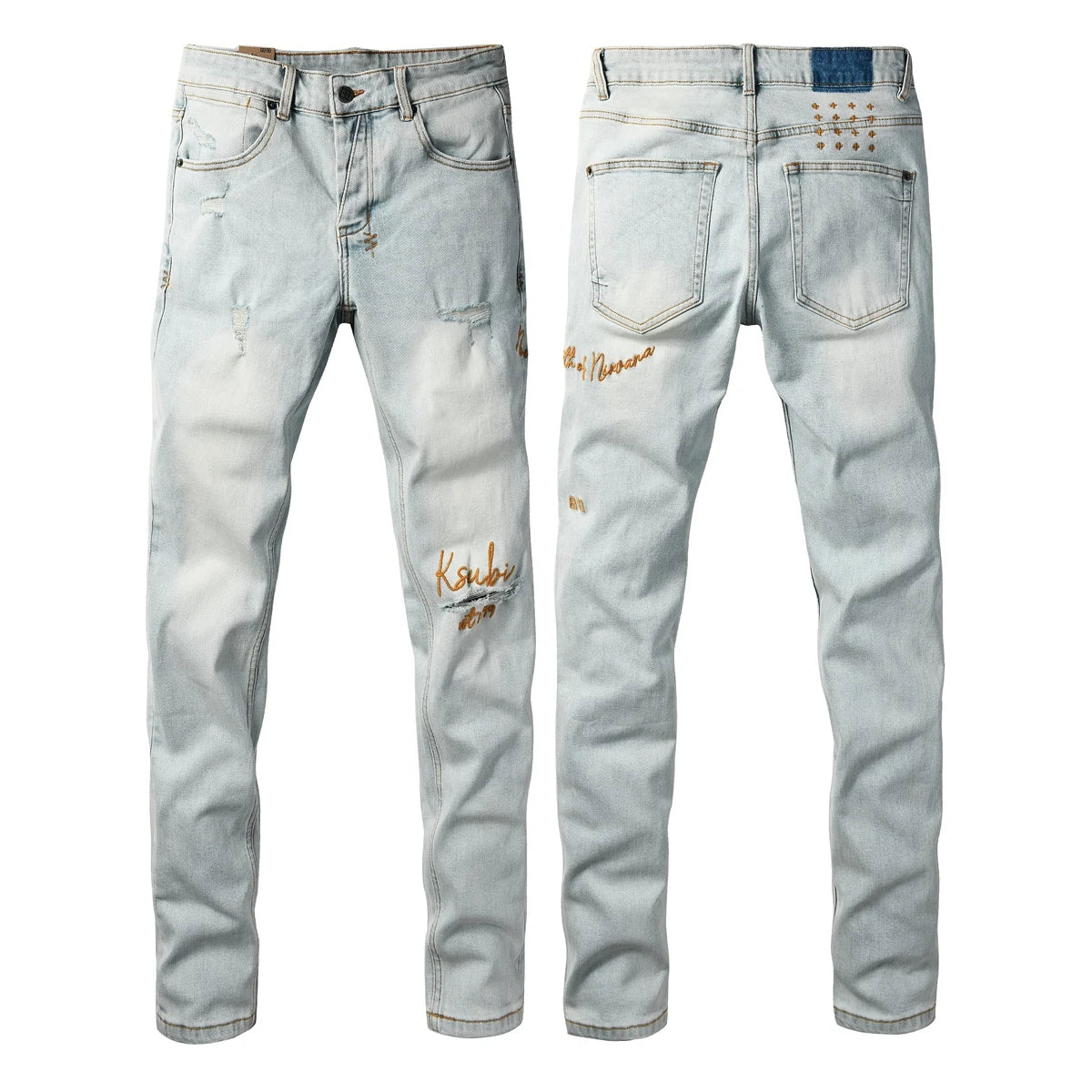 2026 New Men Jeans Fashion Trends Distressed Rose Embroidered Logo Stretch Skinny Button Jeans Pants