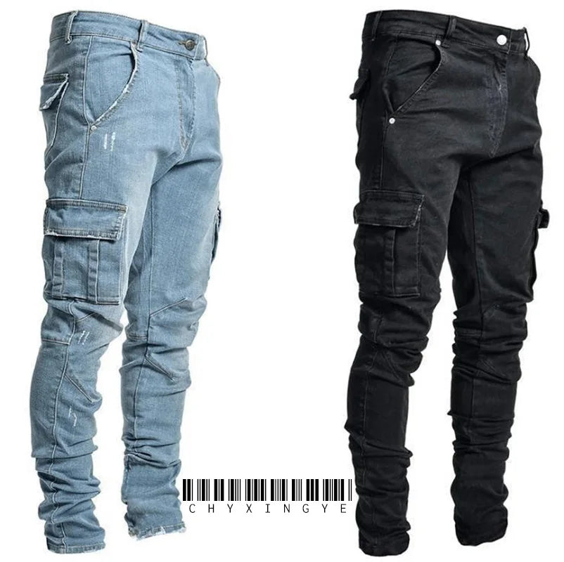 2026Jeans Men Pants Wash Solid Color Multi Pockets Denim Mid Waist Cargo Jeans Plus Size Fahsion Casual Trousers Male Daily Wear