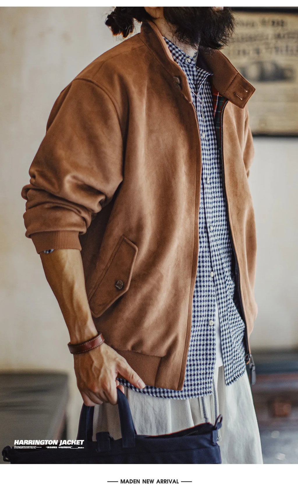 Maden Vintage Men's Suede Jackets Zippered Stand Collar Windbreaker with Tartan Lining Warm Coat for Autumn Winter Streetwear