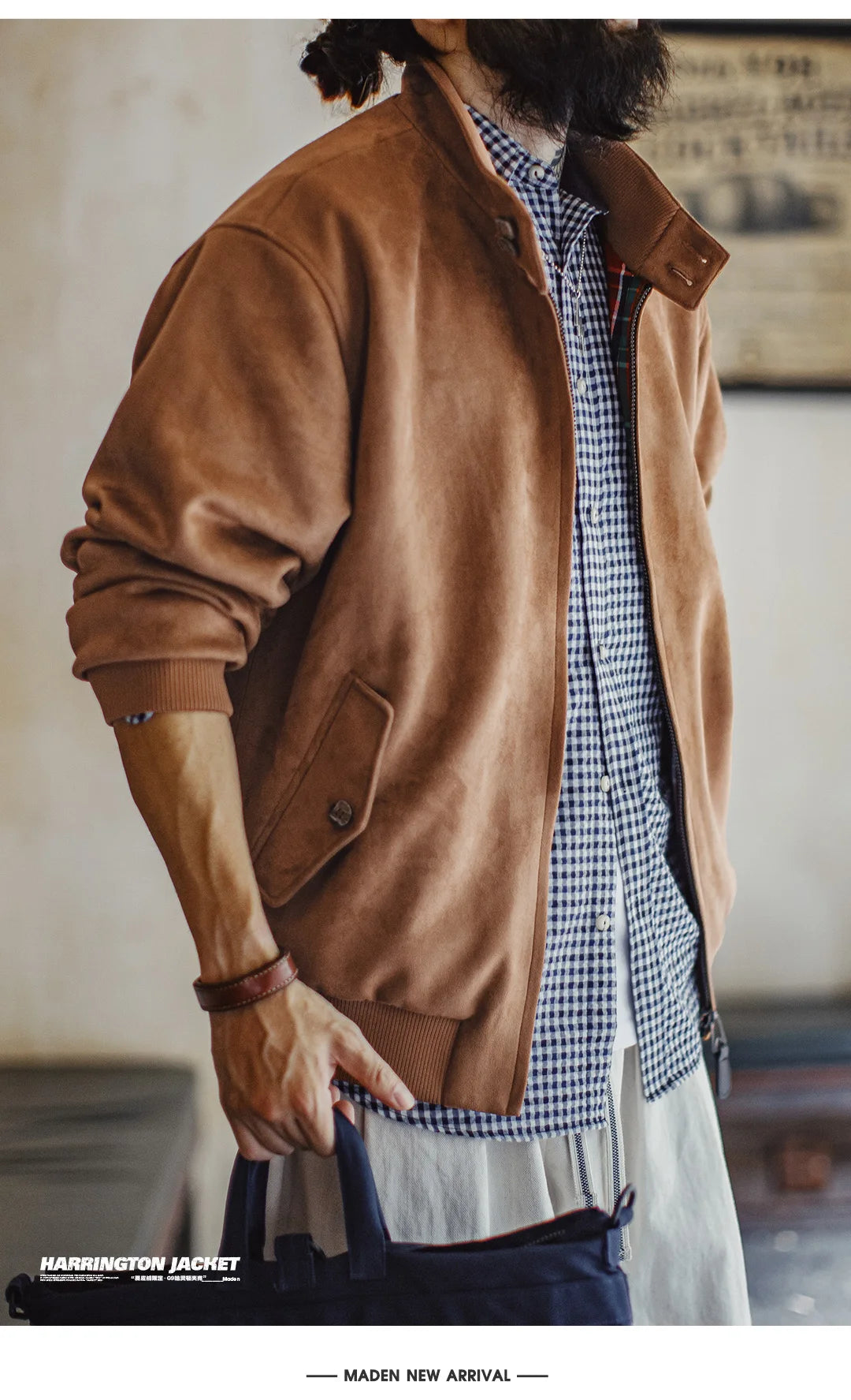 Maden Vintage Men's Suede Jackets Zippered Stand Collar Windbreaker with Tartan Lining Warm Coat for Autumn Winter Streetwear