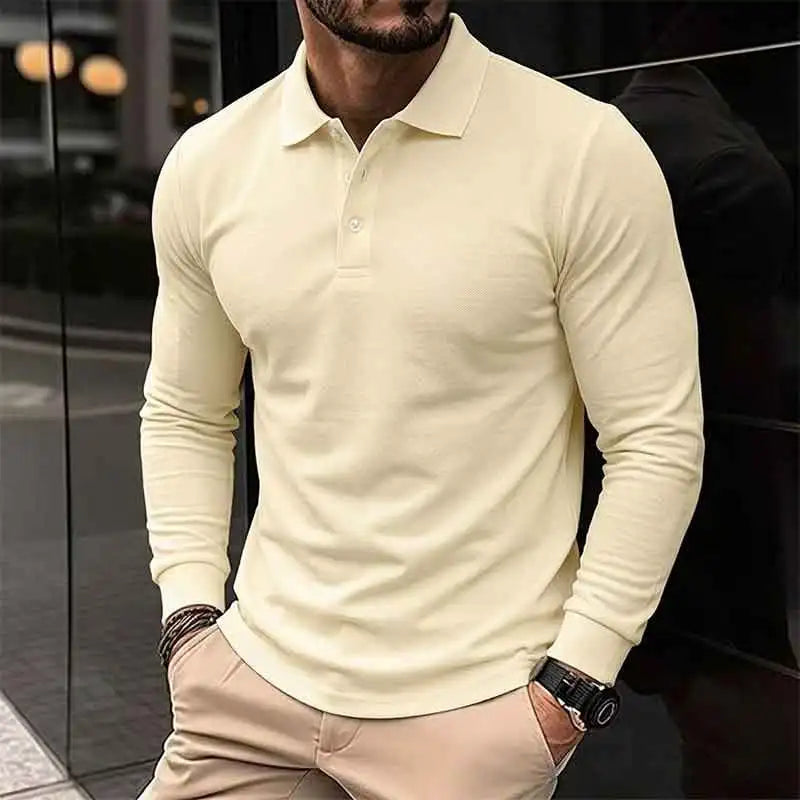 Men's Long Sleeve Henry Polo Shirts Spring Autumn Smart Casual Breathable Comfortable Polo Shirt Solid High Quality Male T-Shirt