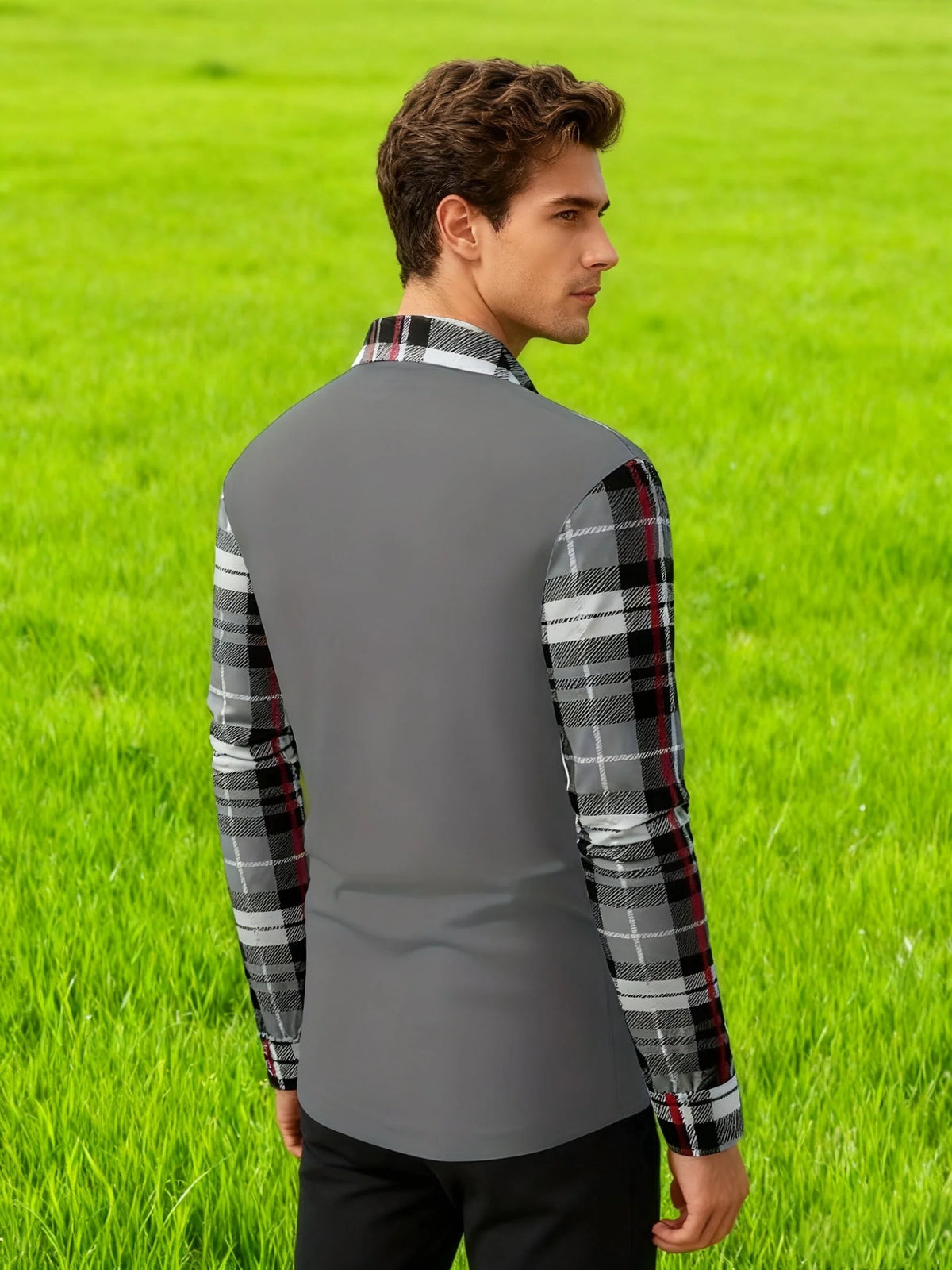 New Men's Long Sleeved Polo Shirt, Fashionable Color Blocking Checkered T-Shirt, Street Versatile Sports T-Shirt