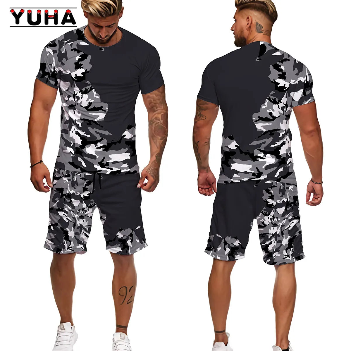 YUHA Summer Camouflage Tees/Shorts/Suits Men's T Shirt Shorts Tracksuit Sport Style Outdoor Camping Hunting Casual Mens Clo