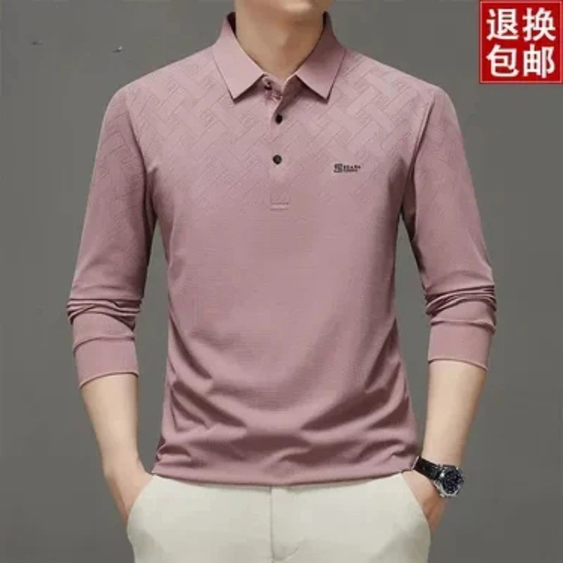 Men's Lapel Long Sleeve Polo Shirt Subtle Jacquard Print Casual Versatile Top for Middle Aged Dad Spring Autumn