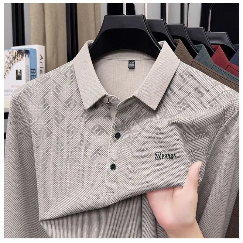 Men's Lapel Long Sleeve Polo Shirt Subtle Jacquard Print Casual Versatile Top for Middle Aged Dad Spring Autumn