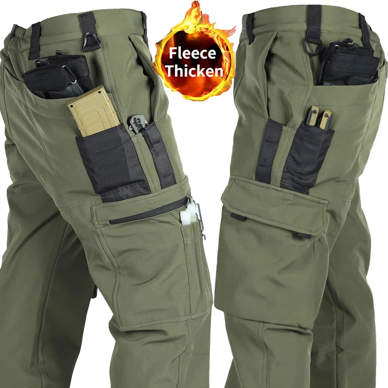 Men's Fleece Autumn Winter Warm Tactical Pants Softshell Outdoor Pants Cargo Work Hiking Sports Pants Military Multi Pockets