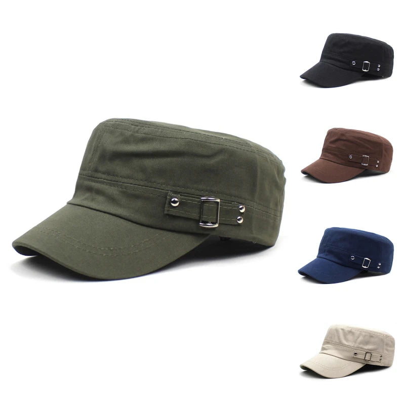 Men's Military Hat Spring/Summer Solid Color Cotton Flat Top Baseball Cap Side Button Duck Tongue Hat Sunscreen Sports Hat