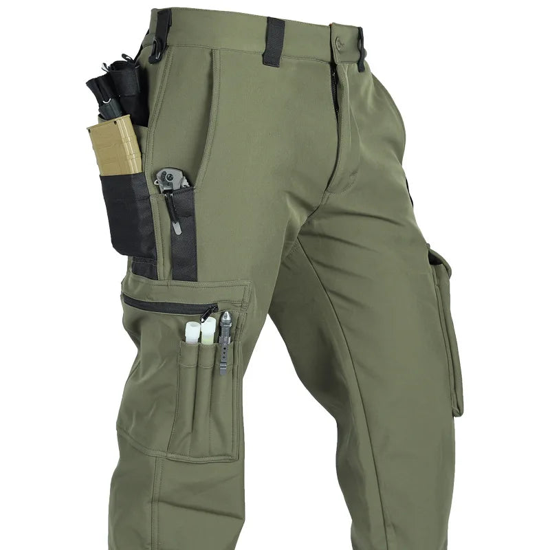 Men's Fleece Autumn Winter Warm Tactical Pants Softshell Outdoor Pants Cargo Work Hiking Sports Pants Military Multi Pockets