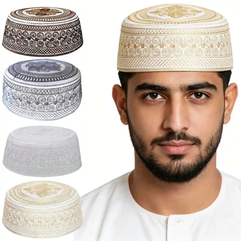 Muslim Men's Embroidered Round Crown Hat, Breathable Casual Daily Kufi, Islamic Versatile Fashion Headwear