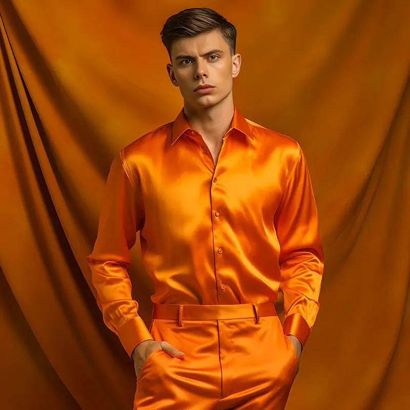 Bright face shirt, men's long sleeved autumn and winter men's clothing, satin nightclub style, solid color trend, men's trend