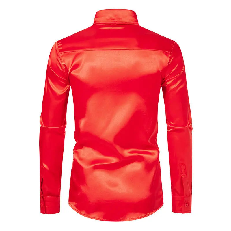 Bright face shirt, men's long sleeved autumn and winter men's clothing, satin nightclub style, solid color trend, men's trend