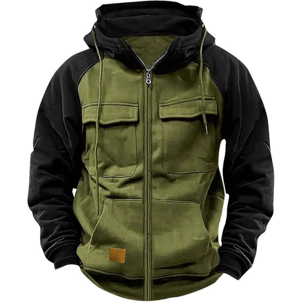 Men Zipper Patchwork Warm Fleece Sweatshirts Fashion Multi Pockets Men Casual Zip up Jacket  Autumn Winter Outdoor Tactic Hoodie
