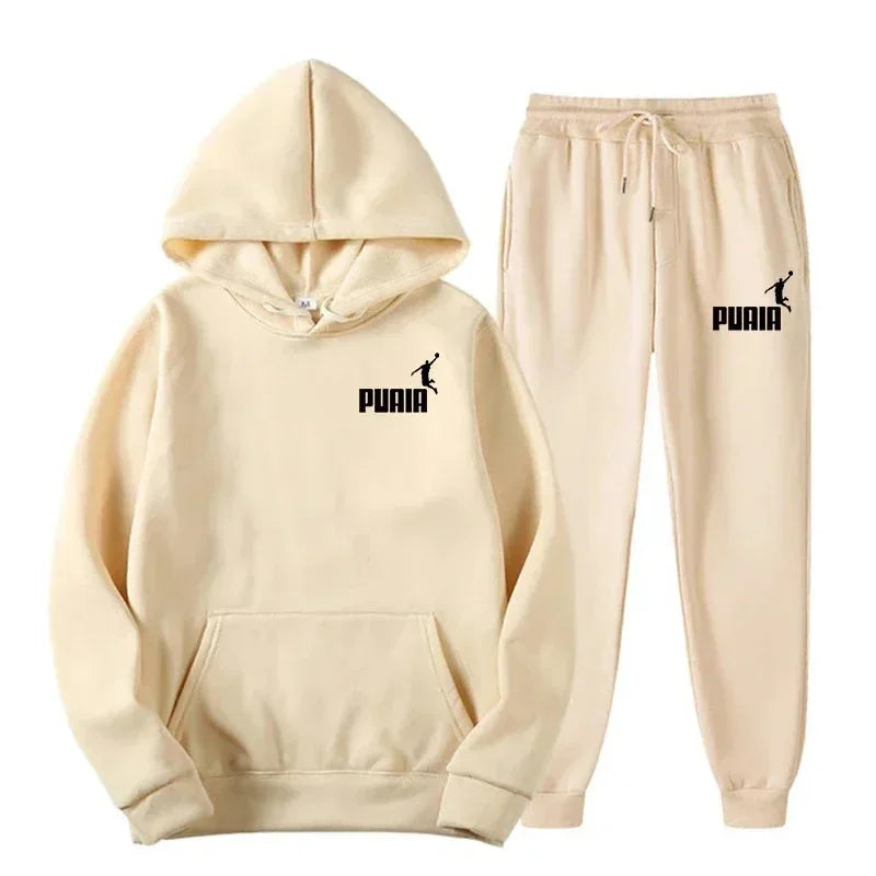 Autumn and winter new men's sportswear set, outdoor cycling windproof and warm men's hooded sweatshirt + pants 2-piece set