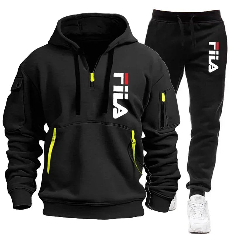 2026 Autumn and winter new men's multi pocket zipper hooded sports shirt+pants two-piece set, men's casual pullover sports set