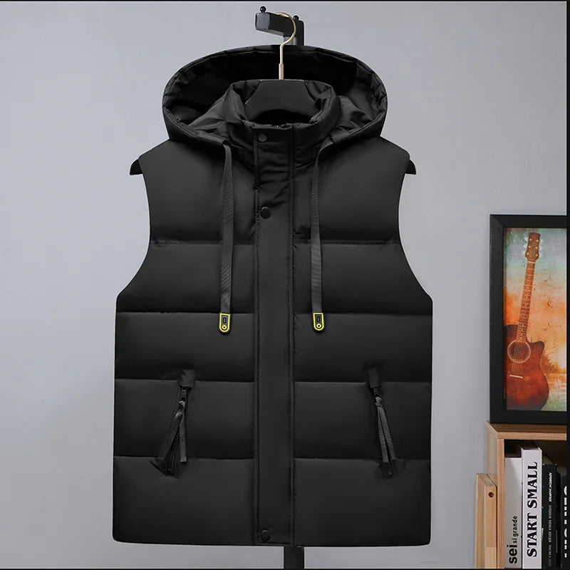 Plus Size Cotton Padded Vest for Men Warm Autumn Winter Sleeveless Jackets Hat Detachable 6XL Fashion Loose Coat Men Clothing