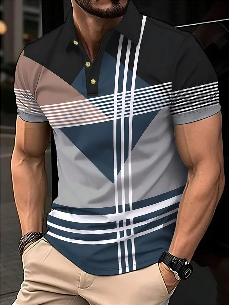Simple Striped Polo Shirts For Men Summer Casual Short Sleeve 3D Printed Business Polo Shirt Loose Breathable Daily Wear Tees