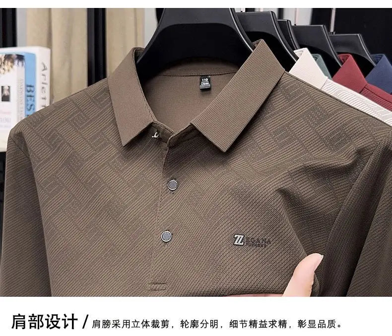 Men's Lapel Long Sleeve Polo Shirt Subtle Jacquard Print Casual Versatile Top for Middle Aged Dad Spring Autumn