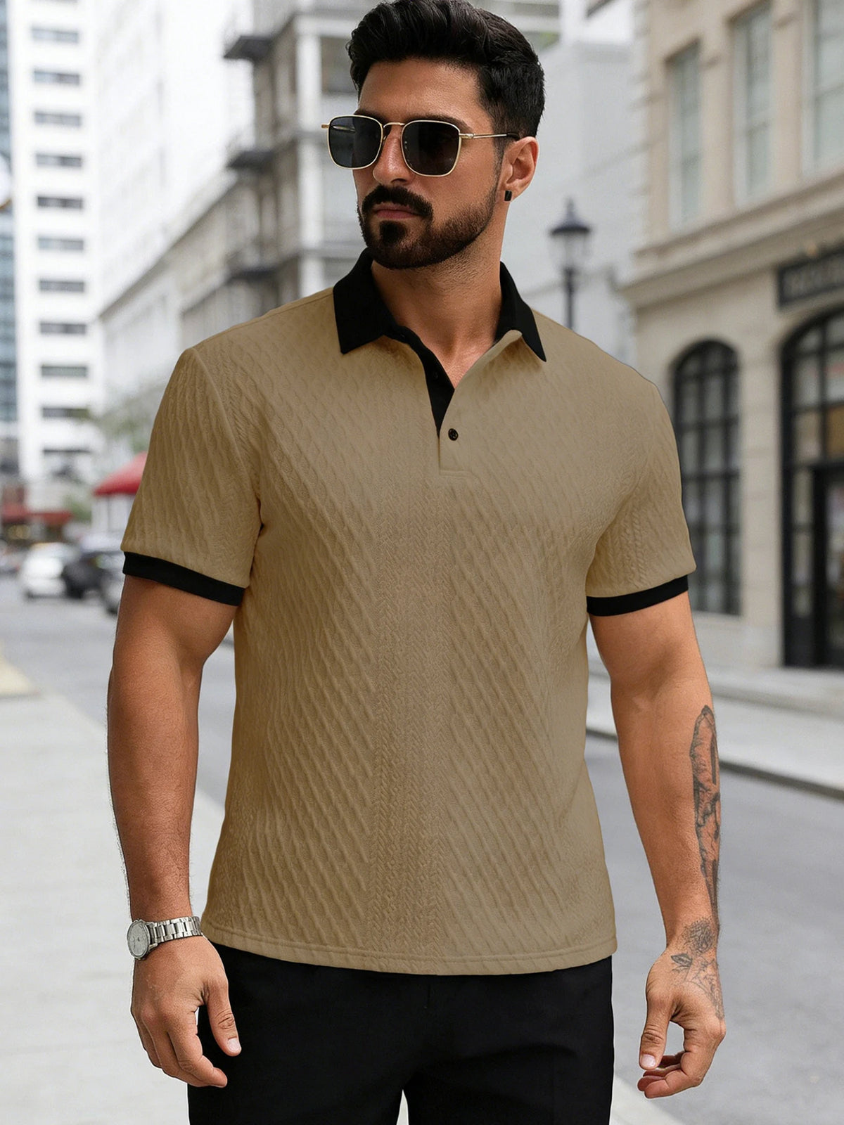 Men's Casual Polo Shirt — Knitted with Slight Stretch | Italian-Inspired Openwork Print Design | Simple Solid Color | Soft & Com