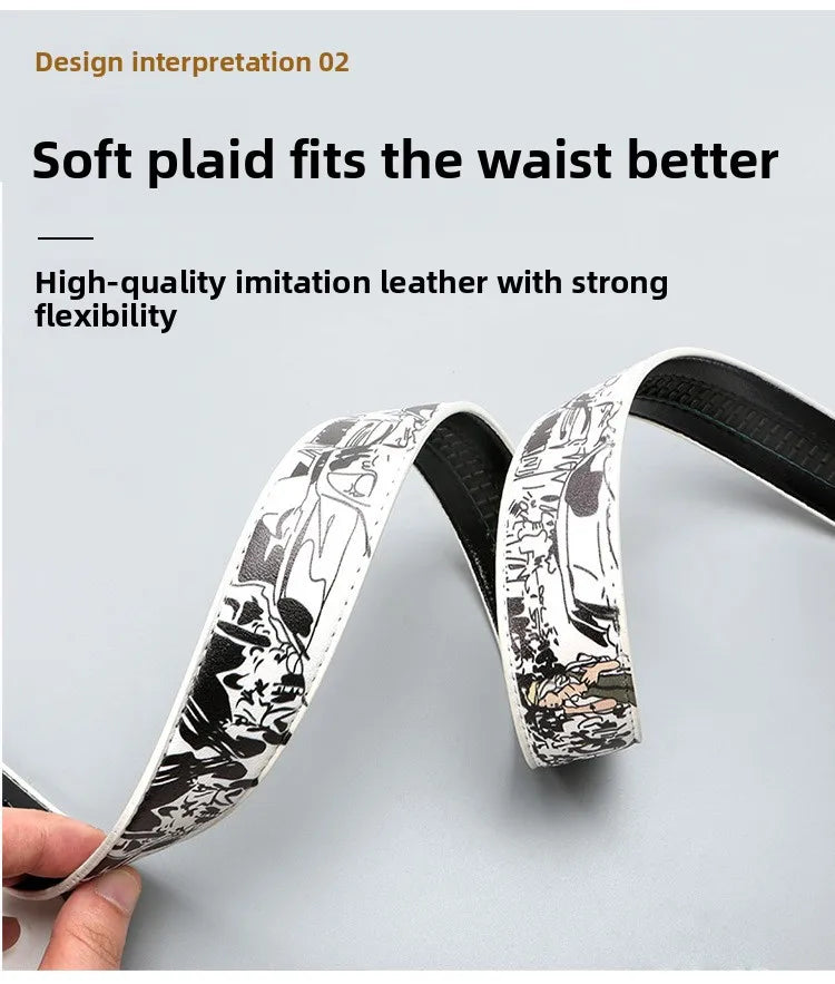 Men's Fashionable Automatic Belt with Rotating Buckle，Graffiti printPUBelt，Luxurious casual belt suitable for jeans and trousers