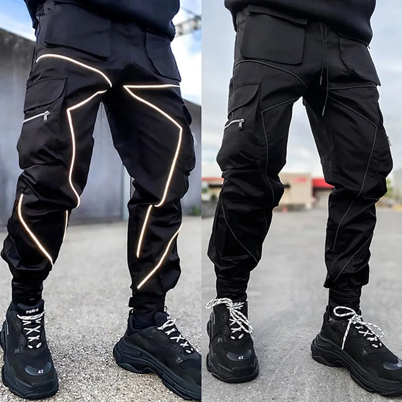Men's Gym Joggers Stretch Casual Sweatpants Fitness Track Pants Multi-Pocket Cargo Hip Hop Streetwear Reflective Sports Trousers