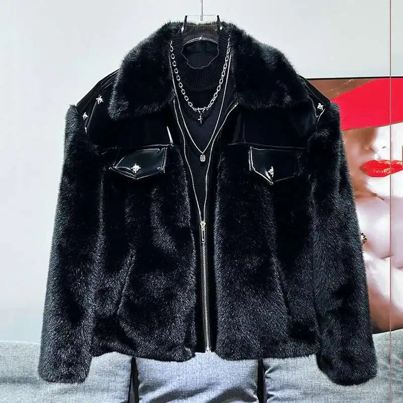 PFHQ Fashionable Patchwork Men's Parka Jacket Cotton Faux Mink Fur Thickened Autumn Winter 2024 Solid Color Warm Tops 21Z7717
