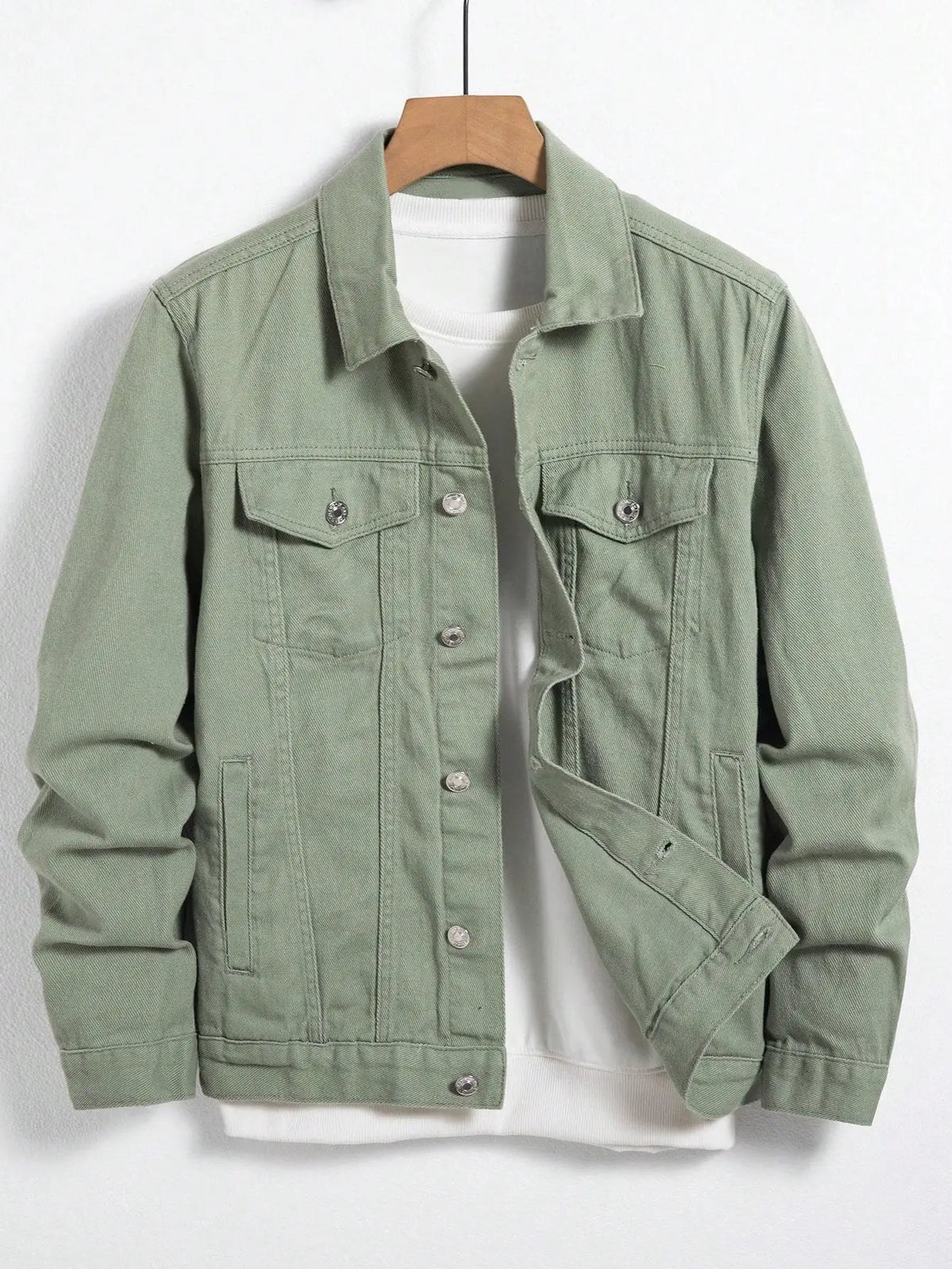 Men's Denim Jacket for Spring and Autumn. Green Coat. Fashionable, Trendy, Simple Style. For Daily Casual Wear.