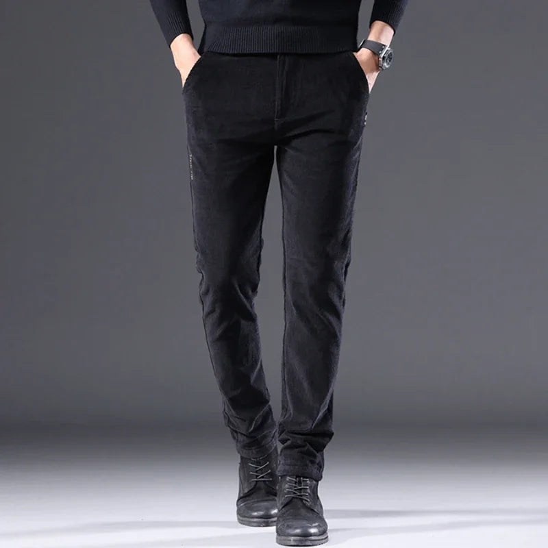 Men's Solid Straight Leg Corduroy Fabric Casual Pants Male Army-green Coffee Office Pants Stylish Youth Autumn Winter Trousers
