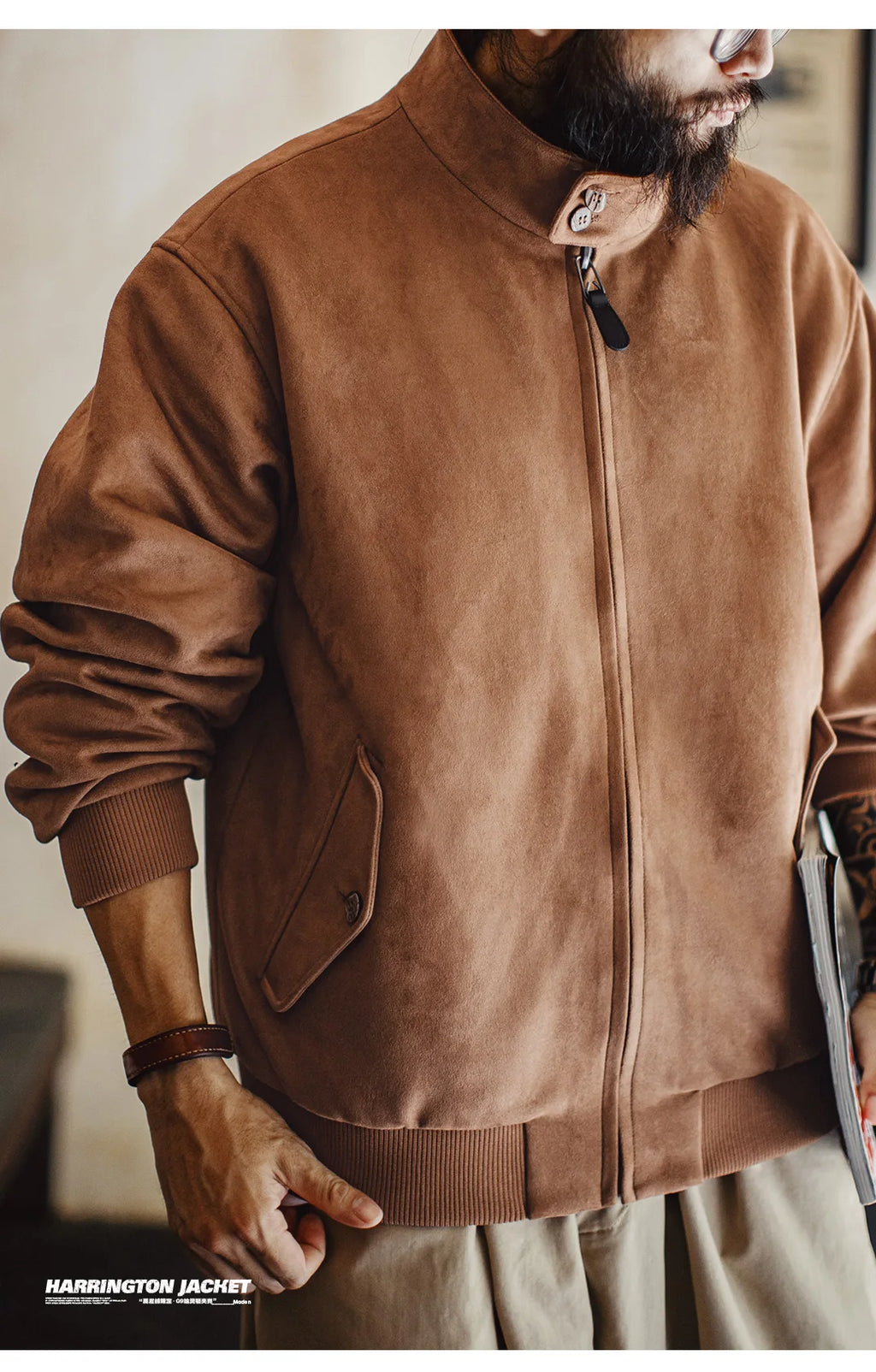 Maden Vintage Men's Suede Jackets Zippered Stand Collar Windbreaker with Tartan Lining Warm Coat for Autumn Winter Streetwear