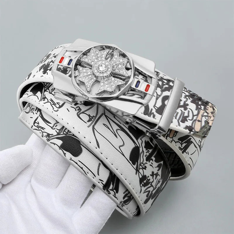 Men's Fashionable Automatic Belt with Rotating Buckle，Graffiti printPUBelt，Luxurious casual belt suitable for jeans and trousers
