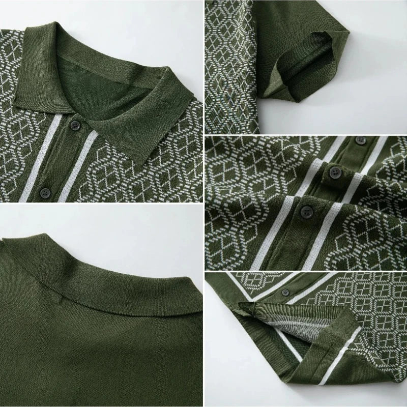 New Men Fashion Business Tops Casual Geometric Printed Knitted Polo Shirts Leisure Quality Short Sleeve Polos Jacquarded T-shirt
