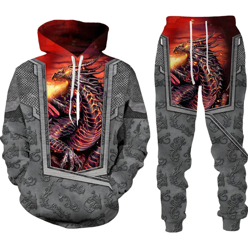 Popular Dragon 3D Printed Men's Sweatshirt Hoodies Set Animal Tracksuit Pullover Jacket Pants Sportswear Autumn jogging Set﻿﻿