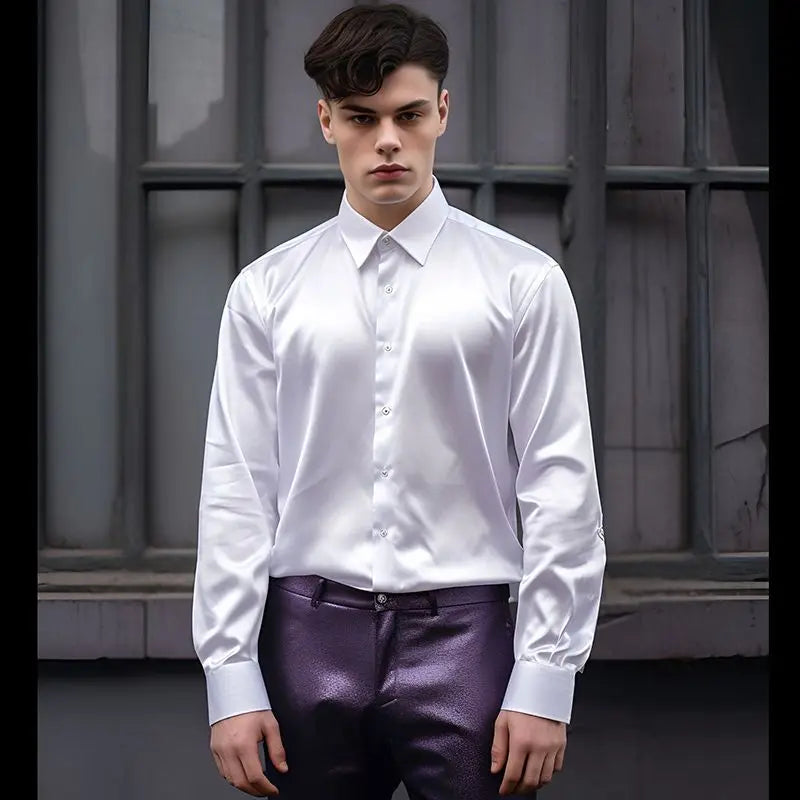 Bright face shirt, men's long sleeved autumn and winter men's clothing, satin nightclub style, solid color trend, men's trend