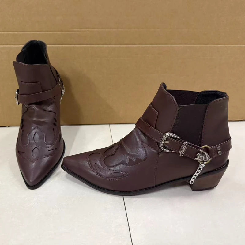 Handmade Men's Boots Vintage Cowboy Boots Leather High Top Casual Shoes Buckle Strap Punk Shoes Pointed Toe Men Motorcycle Boots