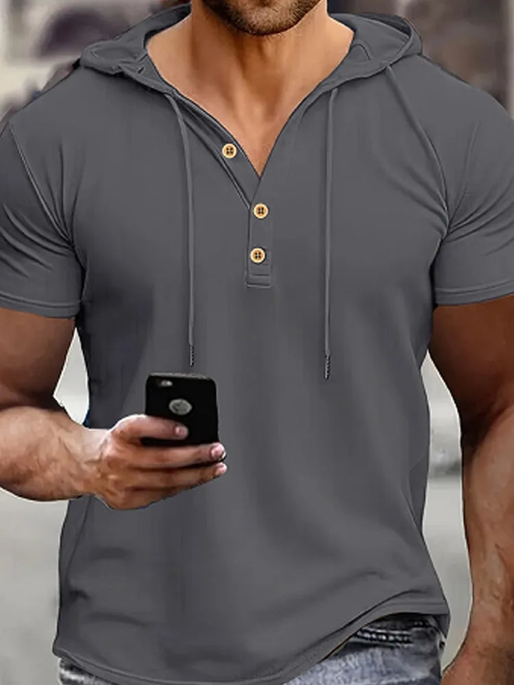 Men's Henry Shirt Solid Color Casual Short Sleeve Hooded Polo Shirts Summer Fashion Breathable T-shirt Streetwear Men Clothing