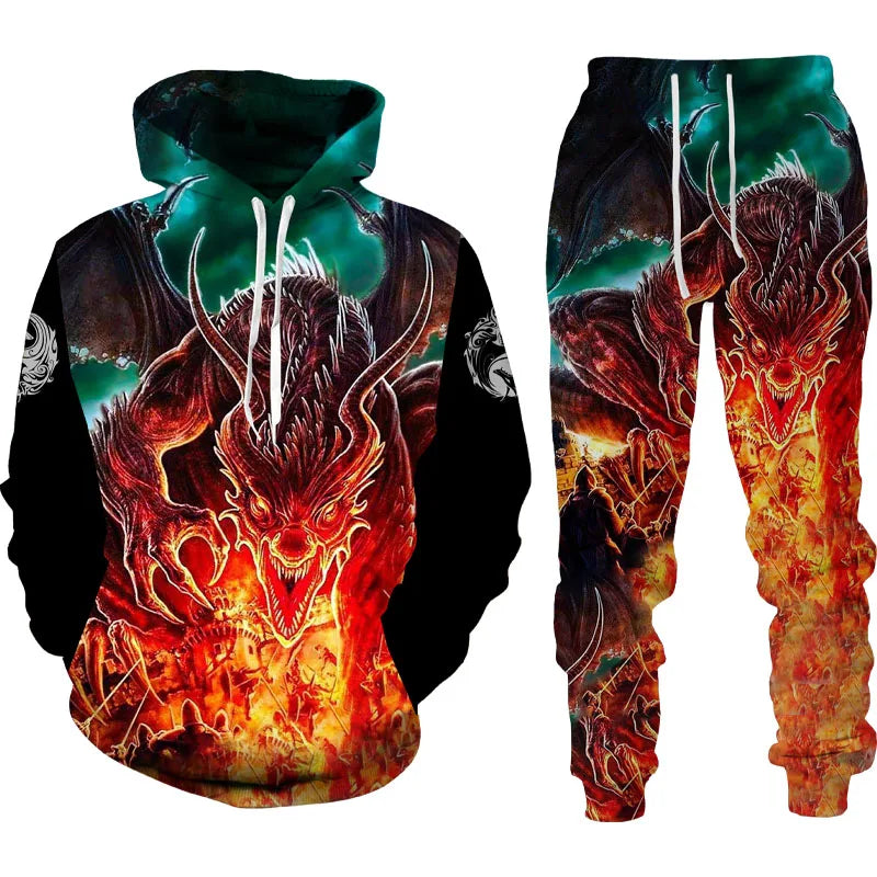 Popular Dragon 3D Printed Men's Sweatshirt Hoodies Set Animal Tracksuit Pullover Jacket Pants Sportswear Autumn jogging Set﻿﻿