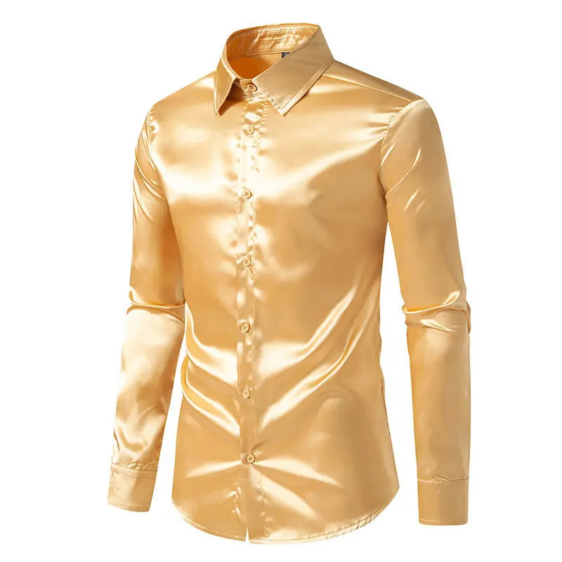 Bright face shirt, men's long sleeved autumn and winter men's clothing, satin nightclub style, solid color trend, men's trend