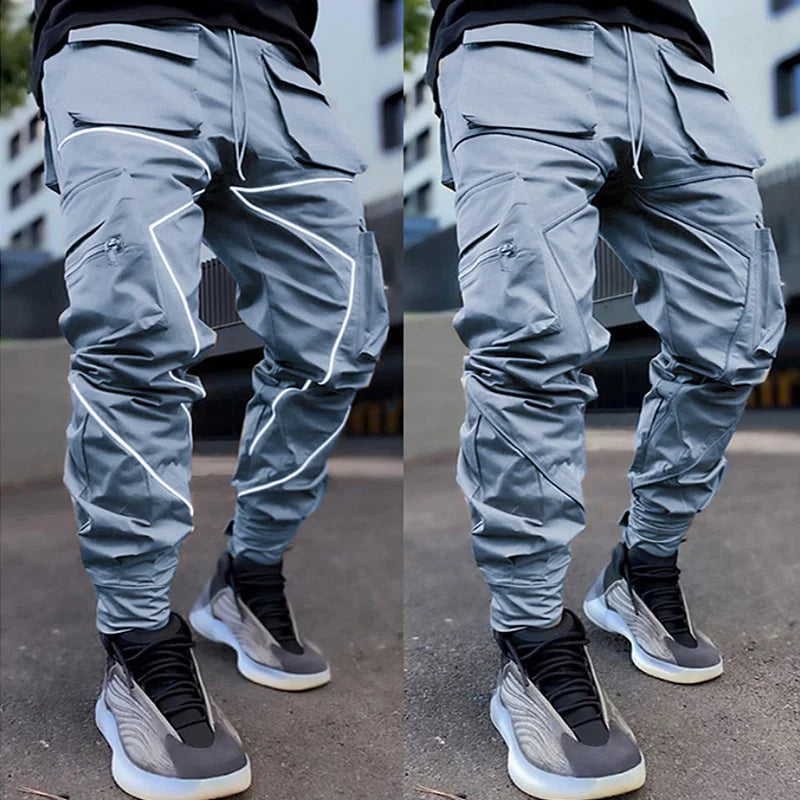 Men's Gym Joggers Stretch Casual Sweatpants Fitness Track Pants Multi-Pocket Cargo Hip Hop Streetwear Reflective Sports Trousers