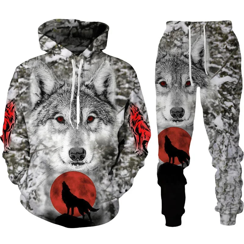 Spring Men's Hooded 3D Animal War Wolf Printed  Sweater Set Male Sportswear Tracksuit Long Sleeve Men Clothing Suit