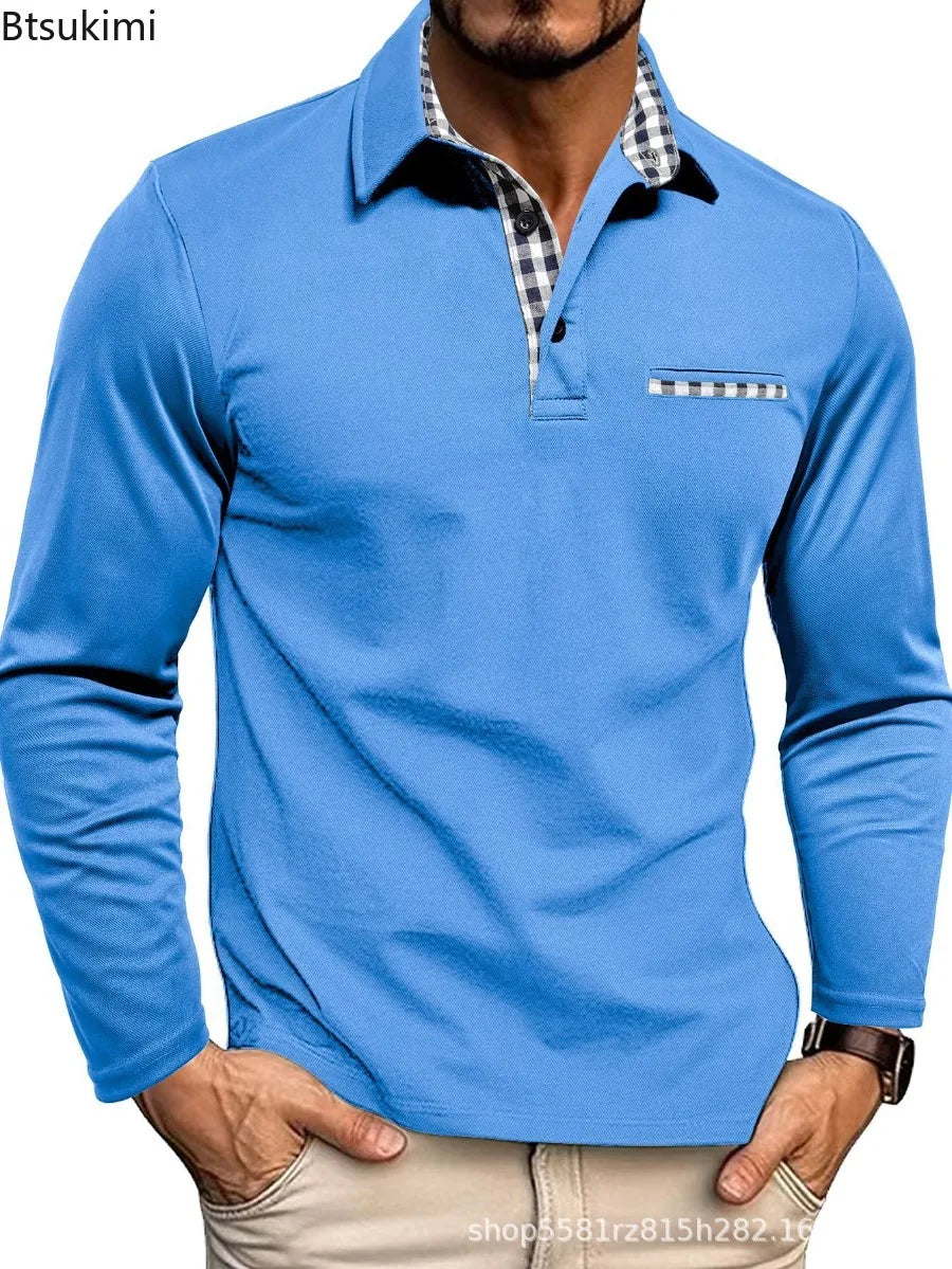 2026 New Men's Long Sleeve Polo Shirts Spring Autumn Casual Slim Fit Turn Down Collar Top High Quality Fashion Tops Male Tees