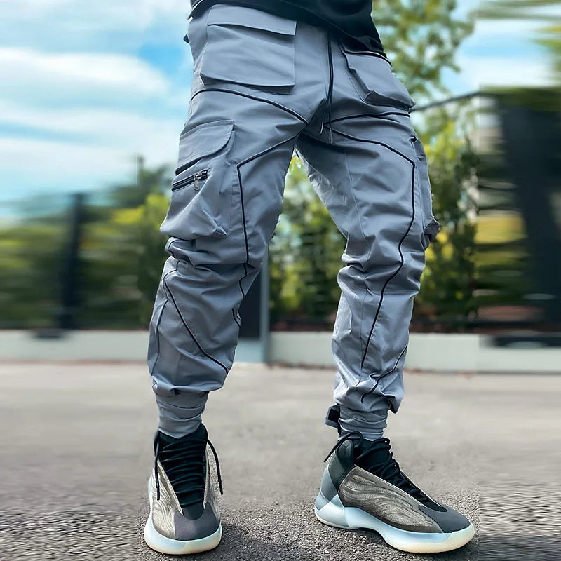 Men's Gym Joggers Stretch Casual Sweatpants Fitness Track Pants Multi-Pocket Cargo Hip Hop Streetwear Reflective Sports Trousers