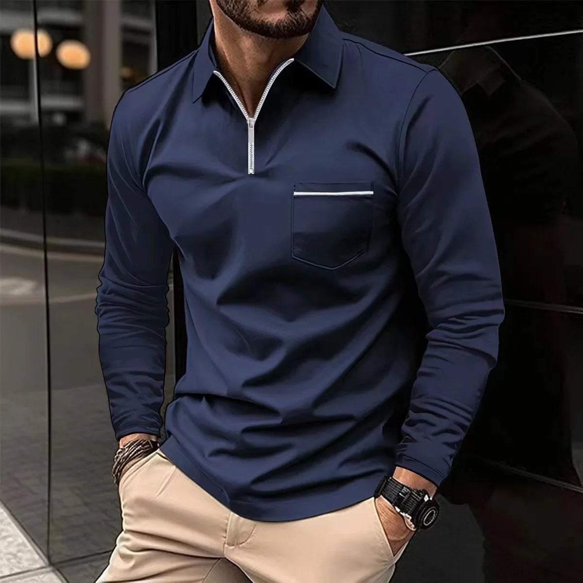 Men Long Sleeve Polo Shirt With Zipper Pocket Lapel Solid Color Casual Sports Tops Spring Autumn European American Male Clothing
